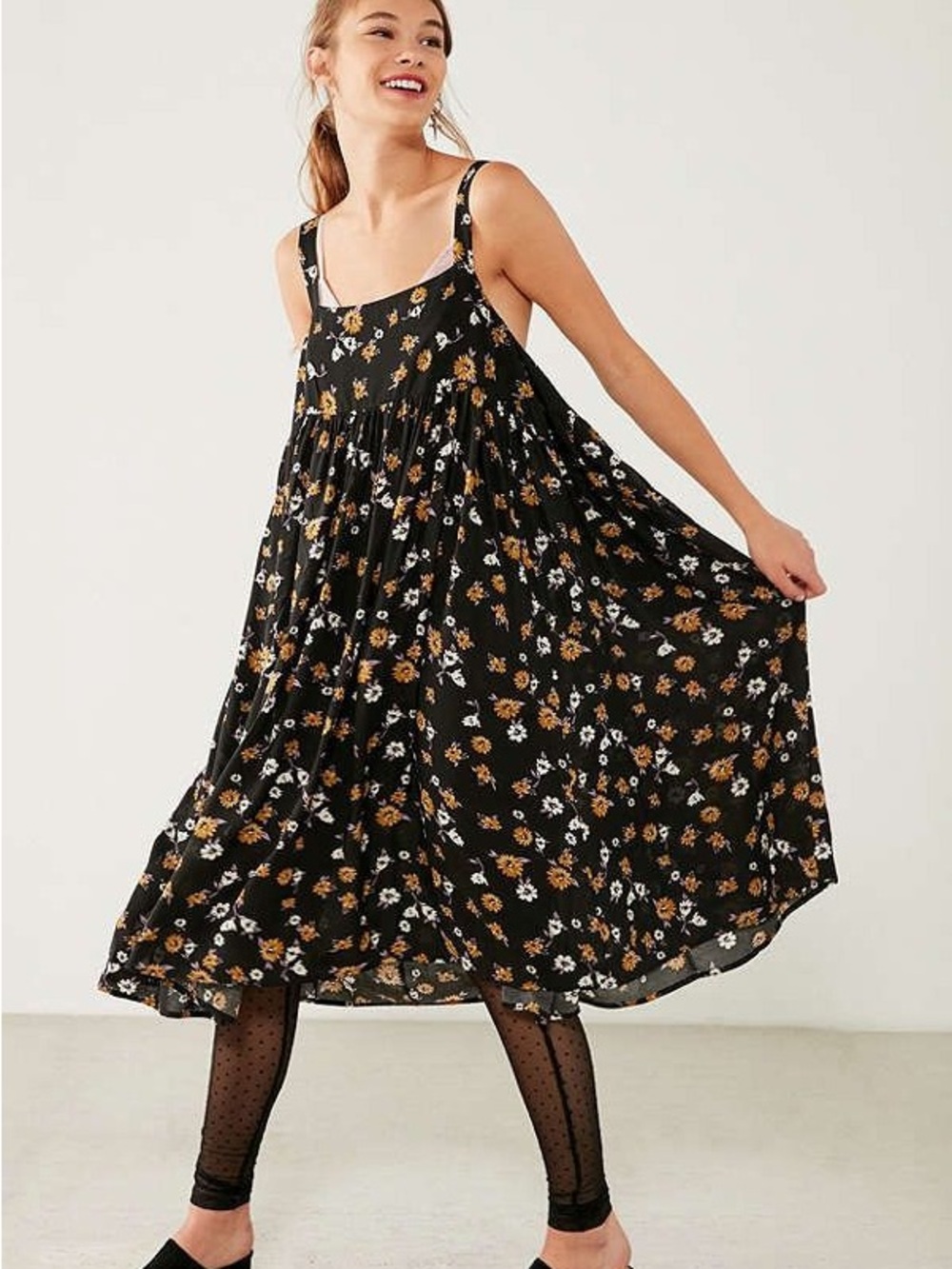 Kimchi Blue “Fleur” Black Floral Babydoll Midi Dress